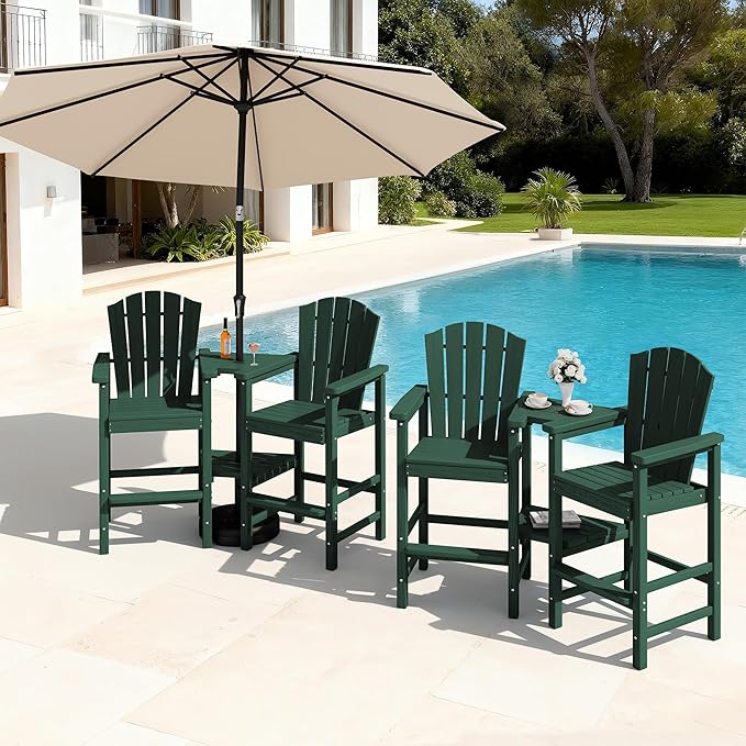 KINGYES Embossed Tall Adirondack Chair Set of 4 with 9FT Umbrella, All Weather HDPE Outdoor Adirondack Bar Stools with Double Connecting Trays, High Airondack Chair with Wood Grain for Backyard, Green