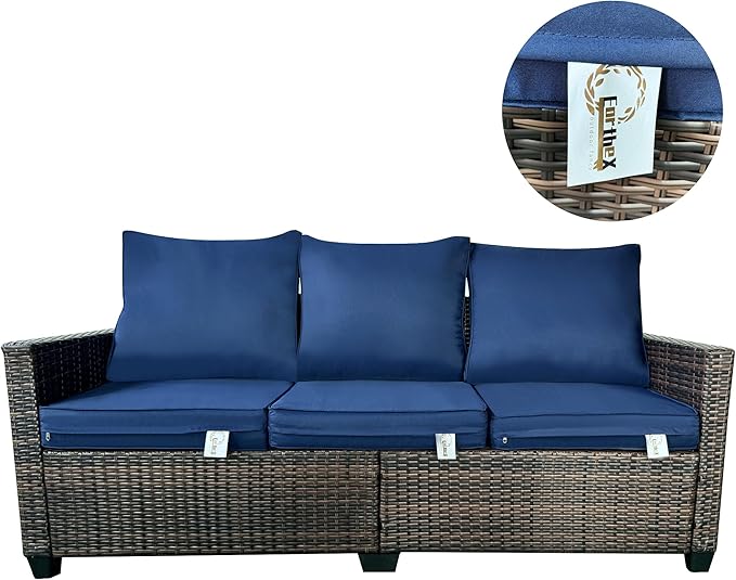 EortheX Outdoor Patio Sofa, 3-Seat Rattan Wicker Couch for Garden Deck or Porch, Comfortable All-Weather Patio Furniture with Anti-Slip Cushions (Blue)