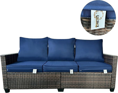 EortheX Outdoor Patio Sofa, 3-Seat Rattan Wicker Couch for Garden Deck or Porch, Comfortable All-Weather Patio Furniture with Anti-Slip Cushions (Blue)