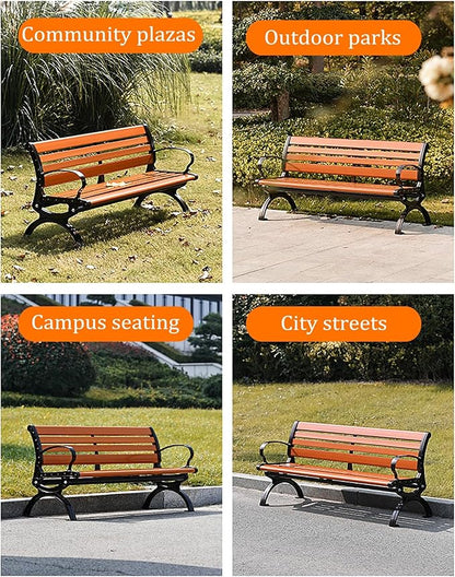 Outdoor garden benches Metal garden bench 2-3 Person Seat Loveseat Chairs Patio Bench Chair with Backrest 120/150/180cm Solid wood slatted seat and galvanized frame 300kg Weight Capacity(Walnut