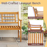 Tangkula Patio Acacia Wood Bench, Wooden 2-Person Outside Chair w/Curved Armrests, Slatted Seat & Backrest - Photo 7