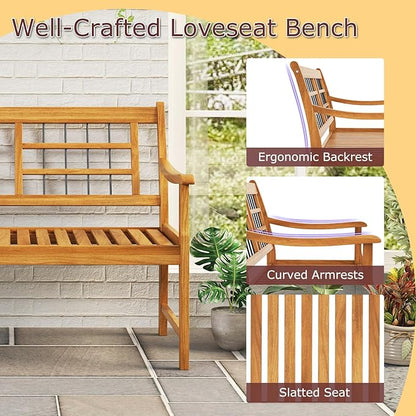Tangkula Patio Acacia Wood Bench, Wooden 2-Person Outside Chair w/Curved Armrests, Slatted Seat & Backrest, Outdoor Loveseat for Backyard, Balcony, Garden, 800 lbs Max Load