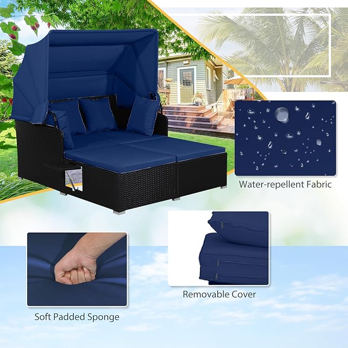 ORALNER Outdoor Daybed, 2-Person Wicker Patio Sofa with Retractable Canopy, Cushions & Pillows, 2 Side Trays - Photo 5