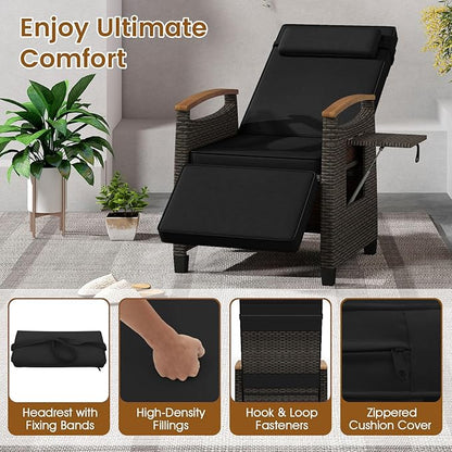 LDAILY Moccha Wicker Outdoor Recliner Chair - Rattan Lounge Chair with Adjustable Backrest & Footrest, Flip Side Table, Cushion, Push Back Reclining Seat for Pool Yard Patio Porch Balcony (Black)