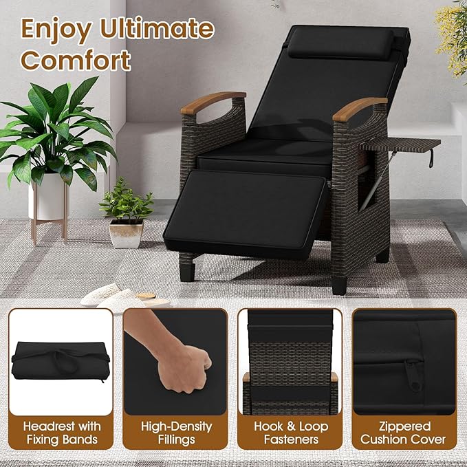 HAPPYGRILL Outdoor Rattan Wicker Chaise Lounge Recliner Chair with Adjustable Backrest & Footrest - Photo 6