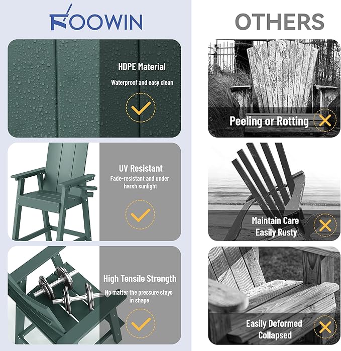 FOOWIN Tall Adirondack Chairs Set of 2,HDPE Adirondack Bar Stools with Connecting Tray & Cup Holders,Weather Resistant Balcony Chair for Outdoor Deck Lawn Pool Backyard Green