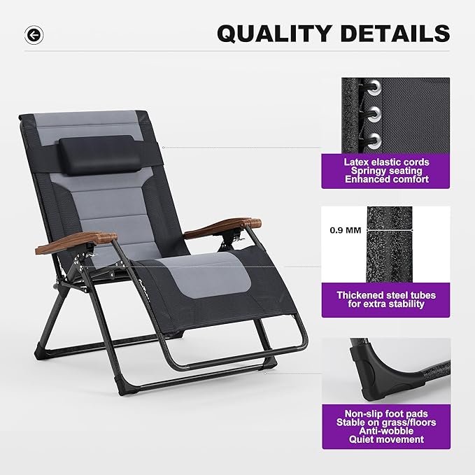 PURPLE LEAF Extra Wide Outdoor Reclining Chair Set of 2 Patio Zero Gravity Chaise Lounge Folding Chair with Quilted Cushion Adjustable Headrest for Lawn Camping Beach Pool Black and Grey
