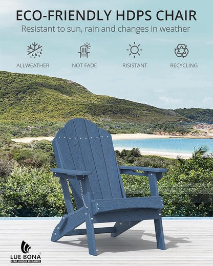 LUE BONA HDPE Folding Adirondack Chairs Set of 4 - Weather Resistant Seating with Cup Holder for Patio, Fire Pit, Deck & Resort Garden, Blue