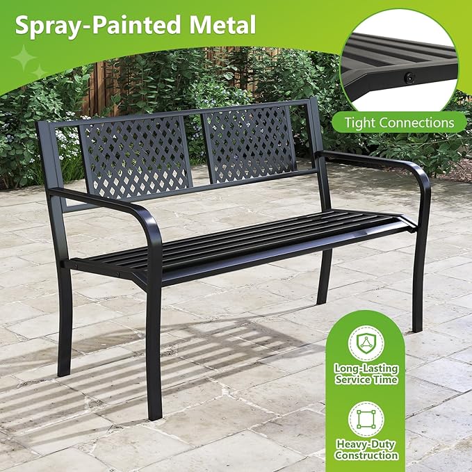 Tangkula Metal Outdoor Garden Bench, 50 Inches Patio Bench with Patterned Backrest and Curved Armrests, 2-3-Person Outside Bench, Heavy-Duty Metal Loveseat Chair for Porch, Lawn & Yard