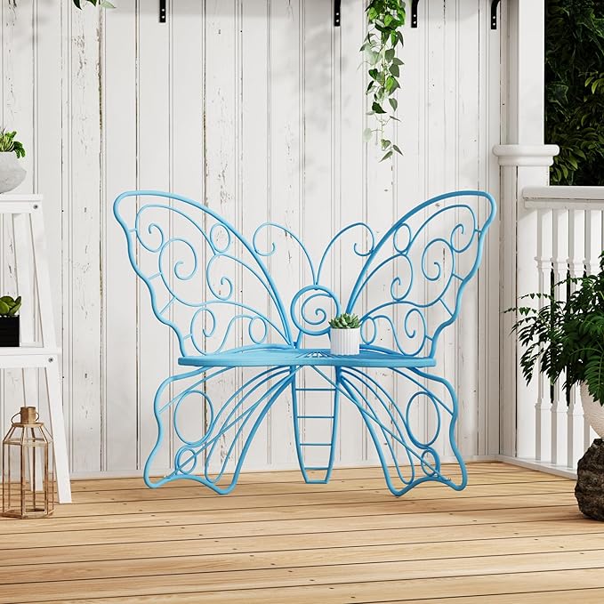 36 Inch Outdoor Bench, Cute Garden Bench with Metal Frame, Weatherproof Butterfly Front Porch Benches for Lawn, Garden, Yard, Balcony, Blue