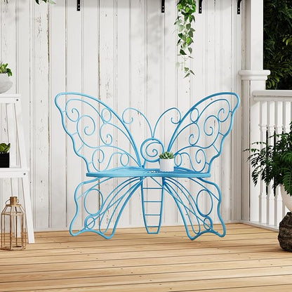 36 Inch Outdoor Bench, Cute Garden Bench with Metal Frame, Weatherproof Butterfly Front Porch Benches for Lawn, Garden, Yard, Balcony, Blue