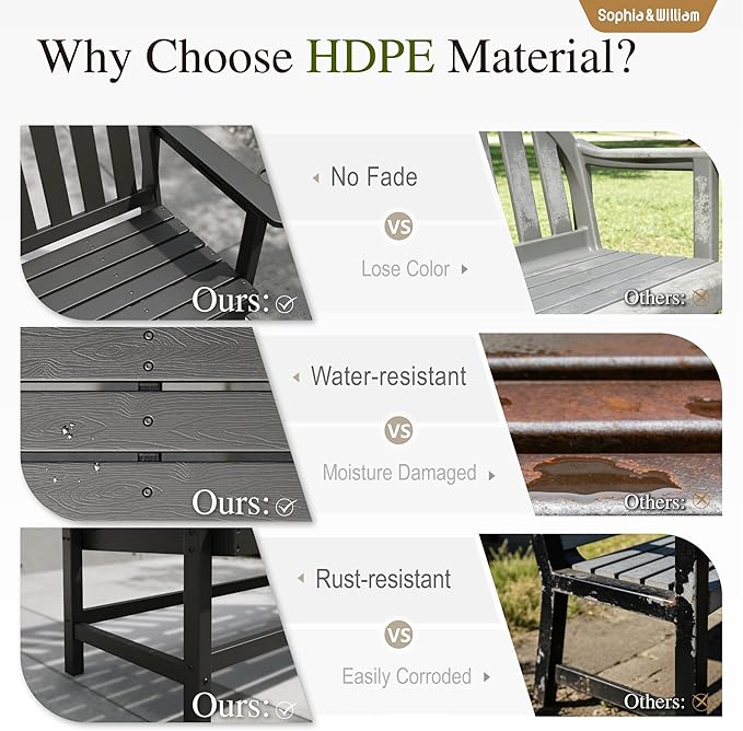 Sophia & William HDPE Outdoor Bench Weatherproof, 2-Person Garden Bench with Cup Holders, 700 lbs Capacity, Patio Benches for Porch, Garden, Backyard and Park, Black