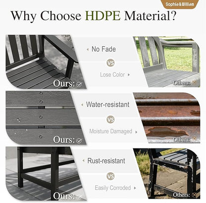 Sophia & William HDPE Outdoor Bench Weatherproof, 2-Person Garden Bench with Cup Holders, 700 lbs Capacity, Patio Benches for Porch, Garden, Backyard and Park, Black