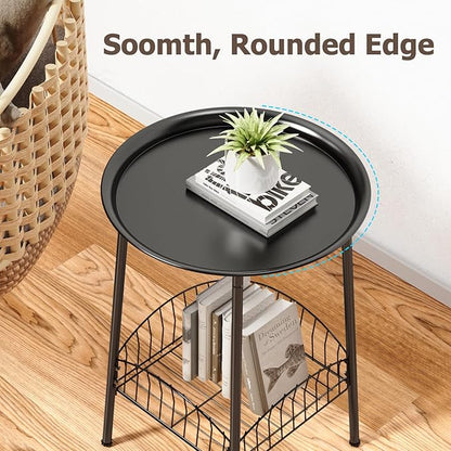 Small Outdoor Side Table, 2-Tier Round Metal Patio Table, Accent Table Waterproof, Weather Resistant End Table for Yard Porch Pool Balcony Garden Bedside (Black)