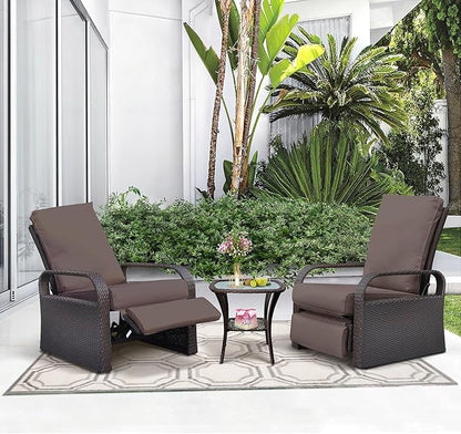ATR ART TO REAL Outdoor Recliner, Set of 2 Wicker Reclining Chair with Coffee End Side Table, Aluminum Frame Patio Chaise Lounge Chairs with Thicken Cushions (Dark Brown)