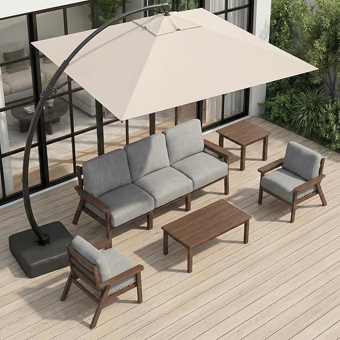 HDPE Patio Furniture Set with Cantilever Umbrella, Outdoor Couch with Washable Thick Gray Cushions & Tables, Outdoor Sectional Furniture for Deck, Lawn, Porch (Brown Frame)