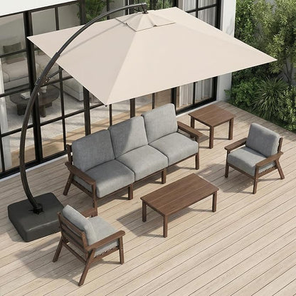 HDPE Patio Furniture Set with Cantilever Umbrella, Outdoor Couch with Washable Thick Gray Cushions & Tables, Outdoor Sectional Furniture for Deck, Lawn, Porch (Brown Frame)