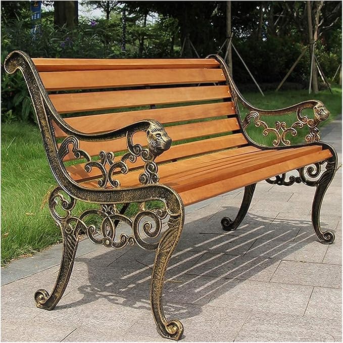 Outdoor Solid Wood Garden Park Bench for 2-3 People, Weatherproof Patio Lawn Bench Porch Seat with Cast Iron Frame - Photo 1
