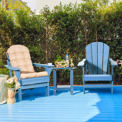 Oversized Adirondack Chair with Cushion & Cup Holders, HDPE Weather Resistant Folding Adirondack Chair for Adults, Outdoor Fire Pit Chairs for Patio/Porch/Swimming Pool/Garden (1, Blue)