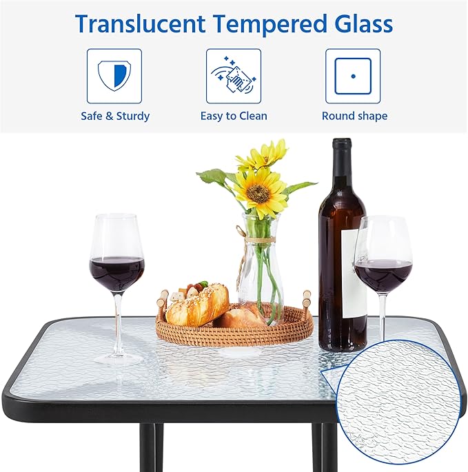 Yaheetech 28in Patio Bistro Table, Square Dining Table w/Umbrella Hole and Tempered Glass Top for Balcony Backyard Lawn and Garden, Black