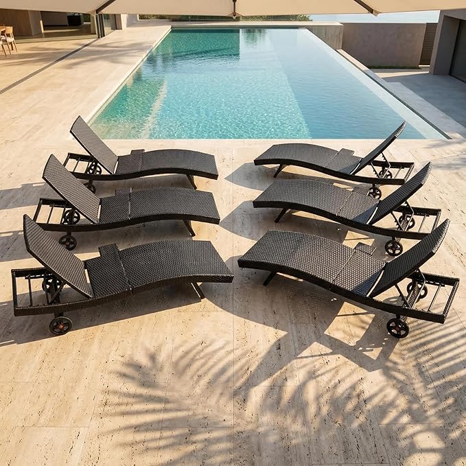 Outdoor Wicker Patio Chaise Lounge Chair with Wheels Set of 6, Black&Brown Rattan Pool Furniture Lounger for Outside Poolside Lounges, Jumbo Co Chaise Lounge Chairs, Wicker Patio Pool Furniture
