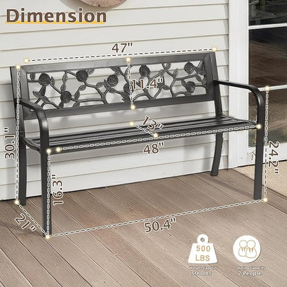 VINGLI Outdoor Metal Bench w/PVC Back - All Weather Resistant Black Garden Patio Bench for Entryway Front Porch Entryway Decor Deck (Black, Rose)