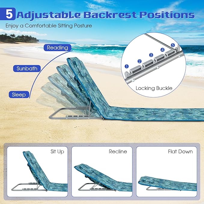 Tangkula 3 Pieces Beach Chairs for Adults, Lightweight Lawn Lounge Chairs with 5 Adjustable Recline Position, Zipper Pocket, Backpack 2 Pack Beach Chairs Set with Folding Side Table (Teal)