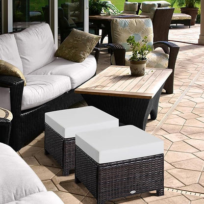 Outsunny 2 Piece 20" Patio Wicker Ottoman with Thick Padded Cushion, Multipurpose Outdoor PE Rattan Footrest, Additional Seating, Side Table, Dark Brown, White