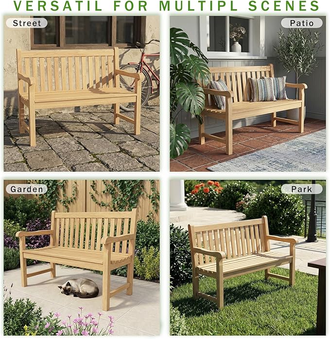 OTSUN Teak Bench Outdoor, 2-Person Wood Garden Bench with 800lb Capacity All-Weather Durable Fade-Resistant, Suitable for Courtyard Lawn Park Porche Backyard Patio & Deck