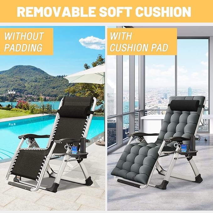 NAIZEA Padded Zero Gravity Chair, Folding Outdoor Lounge Chairs, Adjustable Reclining Camping Chairs with Cup Holder - Photo 3