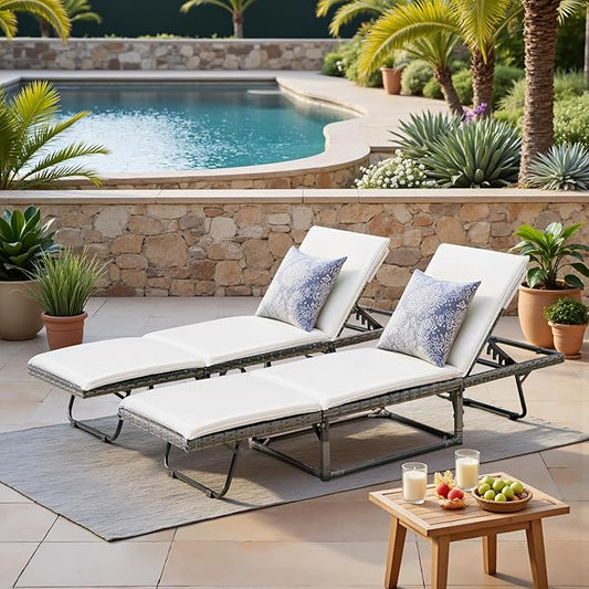 Devoko Lounge Chair Foldable Rattan Chaise Lounge 2-Pack, 5-Angle Adjustable Backrest Patio Chairs for Beach, Patio, Poolside (White)