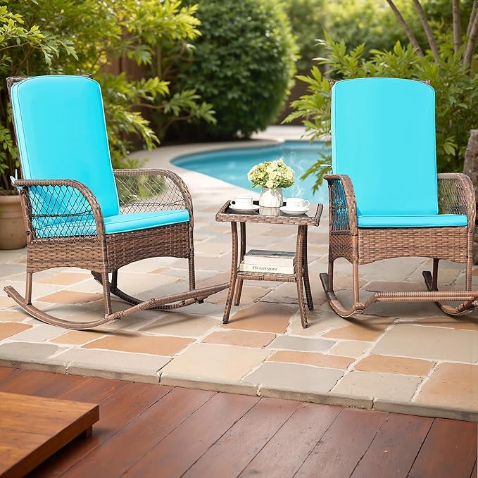 Devoko Outdoor Rocking Chairs 3 Piece Patio Furniture Set with Side Table & Cushions, Wicker Porch Rocker Bistro Set High Back for Balcony, Backyard, Garden (Blue)