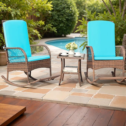 Devoko Outdoor Rocking Chairs 3 Piece Patio Furniture Set with Side Table & Cushions, Wicker Porch Rocker Bistro Set High Back for Balcony, Backyard, Garden (Blue)