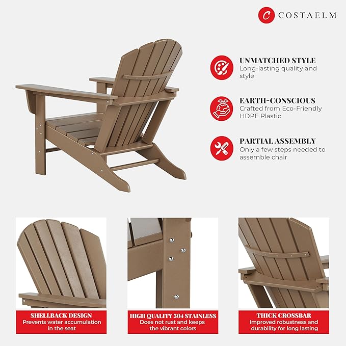 Costaelm Outdoor Adirondack Chair, HDPE Patio Chair, Weather Resistant Lawn Firepit Outside Chairs for Porch, Poolside, Garden, Backyard Deck, Weathered Wood
