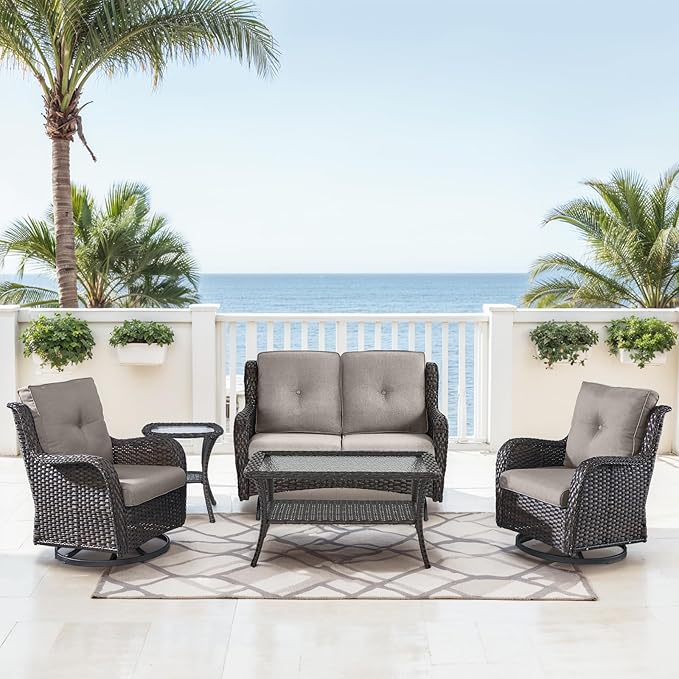 Patio Loveseat Glider Set, Resin Wicker Loveseat Glider with 2 Swivel Patio Chiars Coffee Table and Side Table, 5 Piece - Photo 1