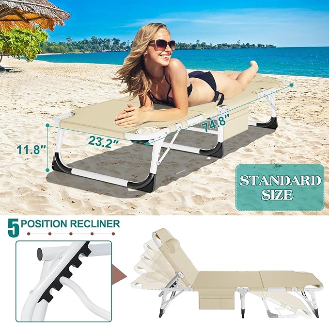 DoCred 3 in 1 Sun Tanning Chair with Face Arm Hole, Heavy Duty Folding Chaise Lounge Chairs - Photo 3