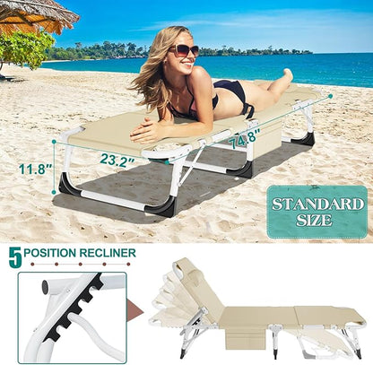 DoCred 3 in 1 Sun Tanning Chair with Face Arm Hole, Heavy Duty Folding Chaise Lounge Chairs, 5-Position Outdoor Lounge Chair for Beach, Pool, Lawn, Yard, Patio
