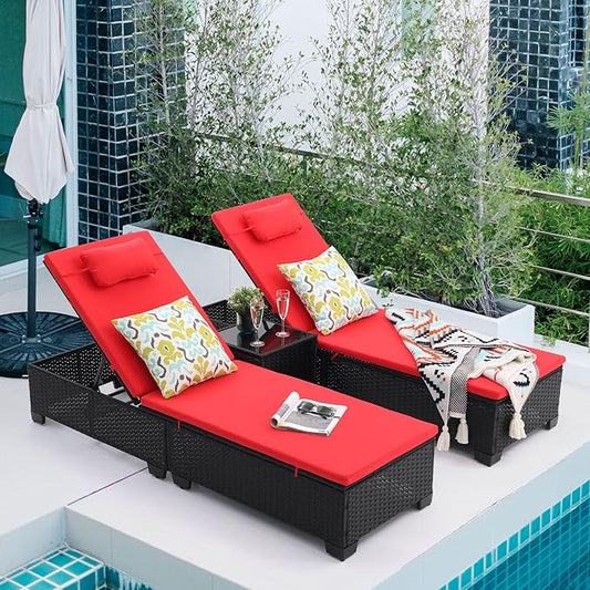 Outdoor Patio PE Wicker Chaise Lounge Chairs Set of 3 Patio Black Rattan Reclining Chair Adjustable Backrest Pool Sunbathing Recliners with Table (Red)