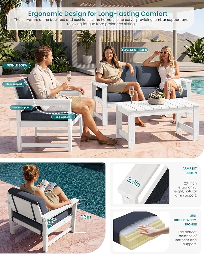 SERWALL HDPE Outdoor Loveseat with Cushions, All Weather Use Outdoor Loveseat Sofa, White Frame/Grey Cushion - Photo 2