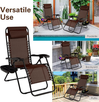 Goplus Zero Gravity Lounge Chairs, 160°Adjustable Folding Recliner w/Pillow and Cup Holder, 350LBS Comfy Outdoor Lounge Chairs for Patio, Lawn, Yard & Camp(1, Brown)