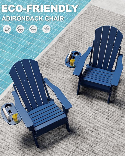 Adjustable Adirondack Chair Set of 4 with Cup Holder, All Weather HDPE Fire Pit Chairs for Deck, Backyard, Patio, Navy Blue