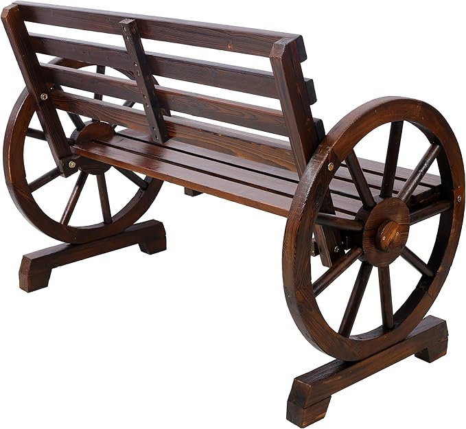 Outdoor Wood Bench, 2-Person Wooden Wagon Wheel Bench for Backyard, Patio, Porch, Garden, Outdoor Lounge Furniture with Rustic Country Design, Slatted Seat and Backrest, Brown (Brown)