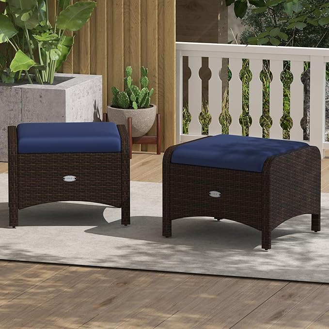 RELAX4LIFE Wicker Outdoor Ottomans for Patio - Set of 2 Rattan Footstools w/Removable Cushions - Photo 2
