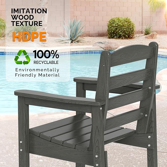 VINGLI Outdoor Bar Stools Set of 2, HDPE All-Weather Patio Bar Height Chairs Heavy-Duty Tall Adirondack Chairs for Backyard, Porch, Balcony and Poolside (Gray)