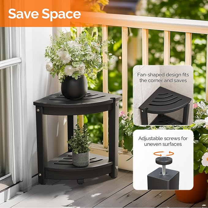 VINGLI Outdoor Side Table, HDPE Space-Saving Patio Side Table Corner Table Shower Bench, Waterproof 2-Tier Patio End Tables for Balcony Garden Deck (Black)