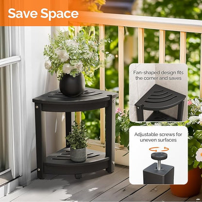 VINGLI Outdoor Side Table, HDPE Space-Saving Patio Side Table Corner Table Shower Bench, Waterproof 2-Tier Patio End Tables for Balcony Garden Deck (Black)