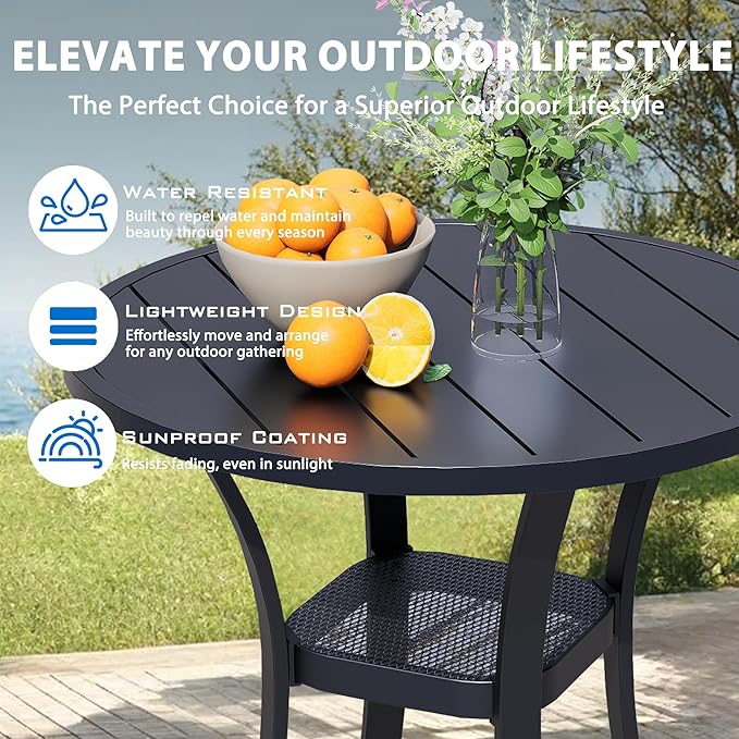 27.5'' Outdoor Patio Table with Storage Shelf, Heavy Duty 400lbs Capacity Round Metal Garden Table, All-Weather Black Tabletop for Deck, Balcony, Bistro, 2-4 Person