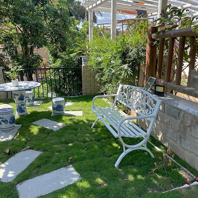 Outdoor Bench Weatherproof Metal Garden Bench with Slatted Patio Bench with Floral Pattern Backrest, Arch Legs for Porch, Patio, Garden, Lawn, Balcony(White)