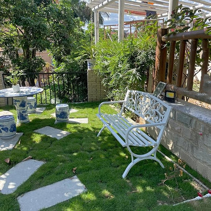Weatherproof Metal Garden Bench - Slatted Patio Seating with Floral Backrest, Arch Legs for Outdoor Use on Porch, Patio, Lawn & Balcony (White)