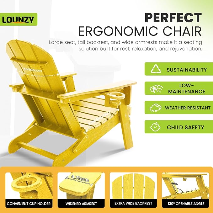 LOUNZY Folding Adirondack Chair with Cup Holder, HDPE All-Weather Folding Patio Chair - Photo 5
